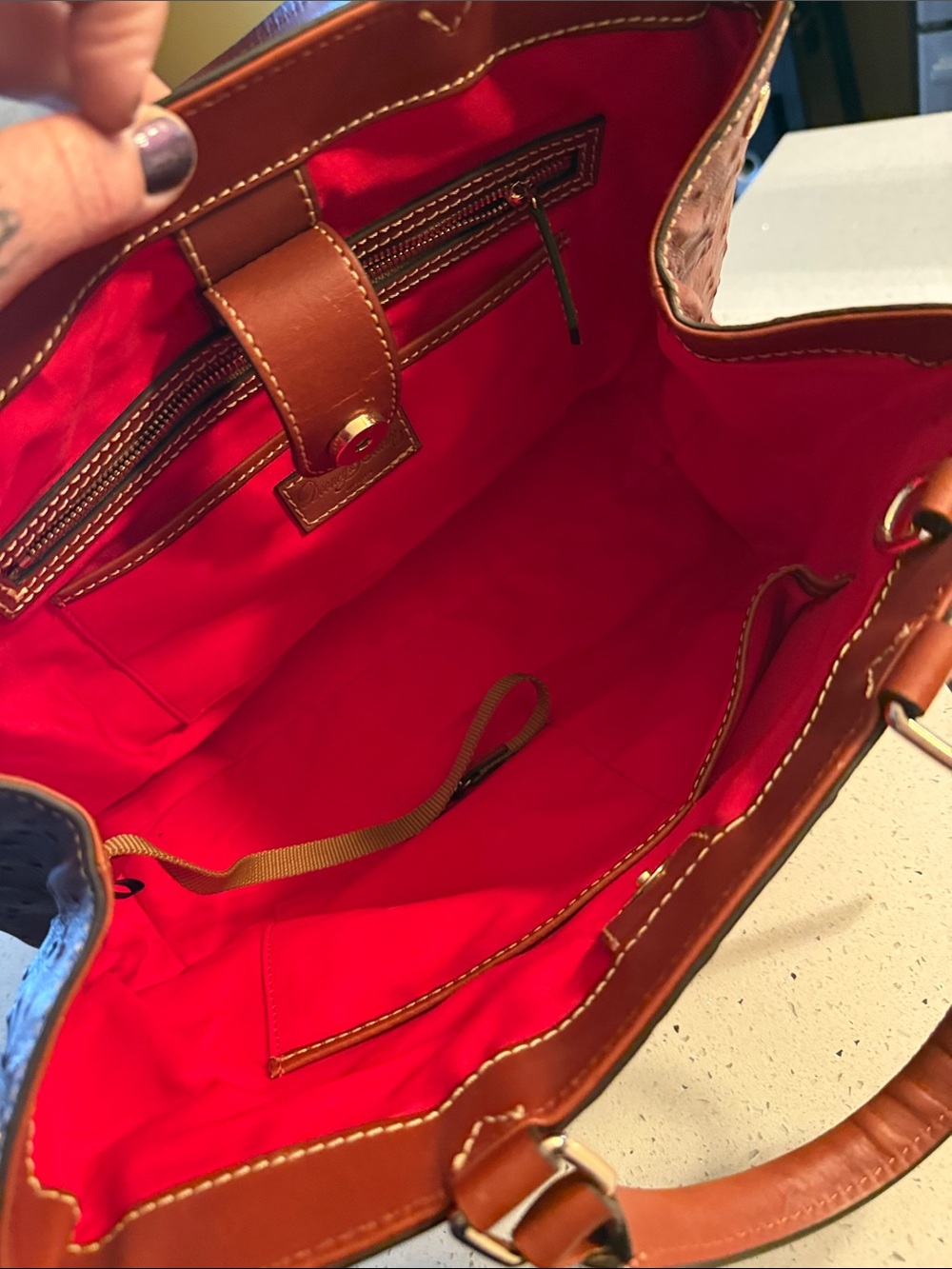 Dooney & Bourke Brown Ostrich-Texture Leather Satchel with Removable Strap - Picture 4 of 10